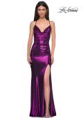 Picture of: Simple Metallic Jersey Dress with Draped Neckline and Low Back in Purple , Style 32782, Detail Picture 9