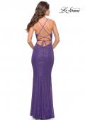 Picture of: Sequin Stretch Long Prom Dress with Banded Waist in Purple, Style: 31409, Back Picture