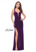 Picture of: Form Fitting Jersey Gown with Leg Slit and Open Back in Purple, Style: 25901, Detail Picture 1