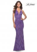 Picture of: Fitted Stretch Lace Prom Dress with Banded Waist in Purple, Style: 31234, Detail Picture 1