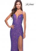 Picture of: Stretch Sequin Gown with Deep V Neck and Tie Back in Bright Colors in Purple, Style: 31430, Detail Picture 3