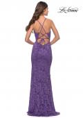 Picture of: Fitted Stretch Lace Prom Dress with Banded Waist in Purple, Style: 31234, Detail Picture 7