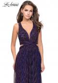 Picture of: Pleated Lame Prom Dress with Cut Outs and a Deep V in Purple/Multi, Style: 25643, Detail Picture 1