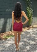 Picture of: Short Satin and Lace Cut Out Dress in Raspberry, Style 33932, Back Picture