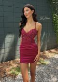 Picture of: Short Satin and Lace Cut Out Dress in Raspberry, Style 33932, Detail Picture 1
