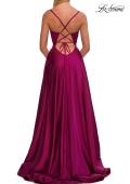 Picture of: A-Line Satin Gown with Draped Bodice, Slit, and Lace-Up Back in Raspberry, Style: 33373, Detail Picture 12