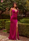 Picture of: Fitted Satin Gown with Plunging Neckline and Strappy Back in Raspberry, Style: 33423, Detail Picture 2