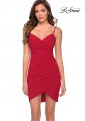 Picture of: Short Jersey Homecoming Dress with Faux Wrap Skirt in Red, Style: 29403, Main Picture