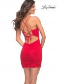 Picture of: Stretch Lace Dress with V Neckline and Lace Up Back in Red, Detail Picture 8