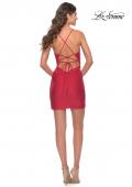 Picture of: Flattering Deep V Ruched Mini Dress with Tie Back in Red, Style: 30947, Detail Picture 12