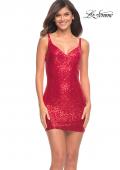 Picture of: Stretch Sequin Short Fitted Dress with V Neckline in Red, Detail Picture 5