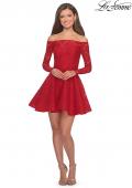 Picture of: Short Lace Dress with Off The Shoulder Long Sleeves in Red, Style: 28175, Detail Picture 7