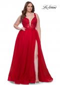 Picture of: Deep V Plus Size Tulle Dress with Lace Illusion Bodice in Red, Style: 31394, Main Picture
