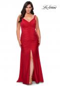 Picture of: Curvy Jersey Prom Dress with Center Slit and Ruching in Red, Style: 29027, Detail Picture 1
