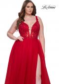 Picture of: Deep V Plus Size Tulle Dress with Lace Illusion Bodice in Red, Style: 31394, Detail Picture 4