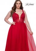 Picture of: Deep V Plus Size Tulle Dress with Lace Illusion Bodice in Red, Style: 31394, Detail Picture 5