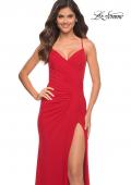 Picture of: Net Jersey Long Ruched Gown with Slit and Open Back in Red, Main Picture