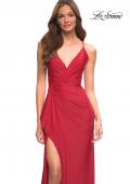 Picture of: Faux Wrap Jersey Dress with Slit and Strappy Back in Red, Main Picture