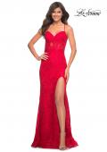 Picture of: Lace Prom Gown With Sheer Bodice and Tie Up Back in Red, Style: 30671, Main Picture