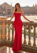 Picture of: Beaded Mesh Lace-Up Gown with Straight Neckline in Red, Style: 33678, Main Picture