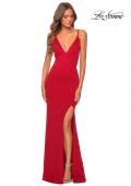 Picture of: Jersey Prom Gown with Lace Up Back and Slit in Red, Style: 28653, Detail Picture 8