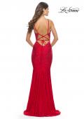Picture of: Bedazzled Rhinestone Jersey Gown with Deep V Neckline in Red, Style: 31215, Detail Picture 8