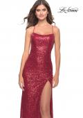 Picture of: Lace Up Back Sequin Gown with Flare Skirt in Red, Style: 31508, Detail Picture 8