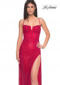 Picture of: Fishnet Rhinestone Prom Dress with Bustier Top and High Slit in Red, Style: 32210, Detail Picture 8