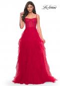 Picture of: Tulle A-Line Dress with Ruffle Skirt and Buster Rhinestone Fishnet Bodice in Red, Style: 32233, Detail Picture 8