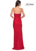 Picture of: Jersey Long Prom Dress with Ruching and Chic Rhinestone Neckline in Red , Style 32756, Detail Picture 8