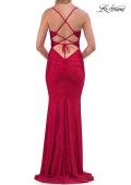 Picture of: Ruched Rhinestone Fitted Gown with Cutout Bodice and Lace-Up Back in Red, Style: 33338, Detail Picture 8