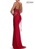 Picture of: Rhinestone Lace Corset Gown with Slit and Crisscross Lace-Up Back in Red, Style: 33769, Detail Picture 8