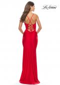 Picture of: Sheer Lace Bodice with Scallop Edge Jersey Long Dress in Red, Style: 31272, Detail Picture 9