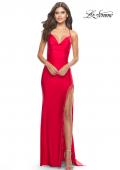 Picture of: Fringe Beaded Slit Jersey Gown with Lace Up Back in Red, Style: 31326, Detail Picture 9