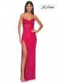 Picture of: Fishnet Rhinestone Fitted Dress with Bustier Top and High Neckline in Red, Style: 32446, Detail Picture 9