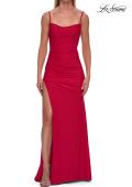 Picture of: Cowl Neck Fitted Gown with Slit and Lace-Up Back in Red, Style: 33365, Detail Picture 9
