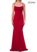Picture of: Ruched Lace Fitted Gown with Strappy Open Back in Red, Style: 33857, Detail Picture 9
