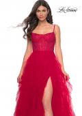 Picture of: Tulle A-Line Dress with Ruffle Skirt and Buster Rhinestone Fishnet Bodice in Red, Style: 32233, Detail Picture 10