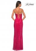 Picture of: Fishnet Rhinestone Fitted Dress with Bustier Top and High Neckline in Red, Style: 32446, Detail Picture 10