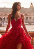 Picture of: Tiered Lace A-Line Gown with Corset Bodice and Slit in Red, Style: 33525, Detail Picture 10
