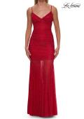 Picture of: Ruched Fitted Gown with Sheer Beaded Skirt and Lace-Up Back in Red, Style: 33558, Detail Picture 10