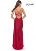 Picture of: Rhinestone Jersey Dress with Slit and Ruching in Red, Style: 31123, Detail Picture 11