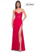 Picture of: Fitted Jersey Dress with Fishnet Rhinestone Illusion Bustier Top in Red, Style: 32230, Detail Picture 11