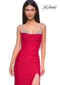 Picture of: Ruched Long Prom Dress with Rhinestone Bra Style Top in Red , Style 32939, Detail Picture 11