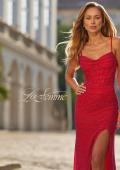Picture of: Rhinestone Fitted Gown with Draped Bodice and Sheer Corset Back in Red, Style: 33343, Detail Picture 11, Landscape