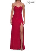 Picture of: Strapless Fitted Rhinestone Gown with Slit and Lace-Up Back in Red, Style: 33383, Detail Picture 11