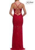 Picture of: Ruched Fitted Gown with Sheer Beaded Skirt and Lace-Up Back in Red, Style: 33558, Detail Picture 11