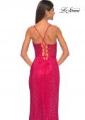 Picture of: Fishnet Rhinestone Fitted Dress with Bustier Top and High Neckline in Red, Style: 32446, Detail Picture 12