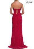 Picture of: Strapless Fitted Rhinestone Gown with Slit and Lace-Up Back in Red, Style: 33383, Detail Picture 12