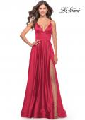 Picture of: Long Satin Dress with Side Slit and V Shaped Back in Red, Style: 28607, Style: 28607